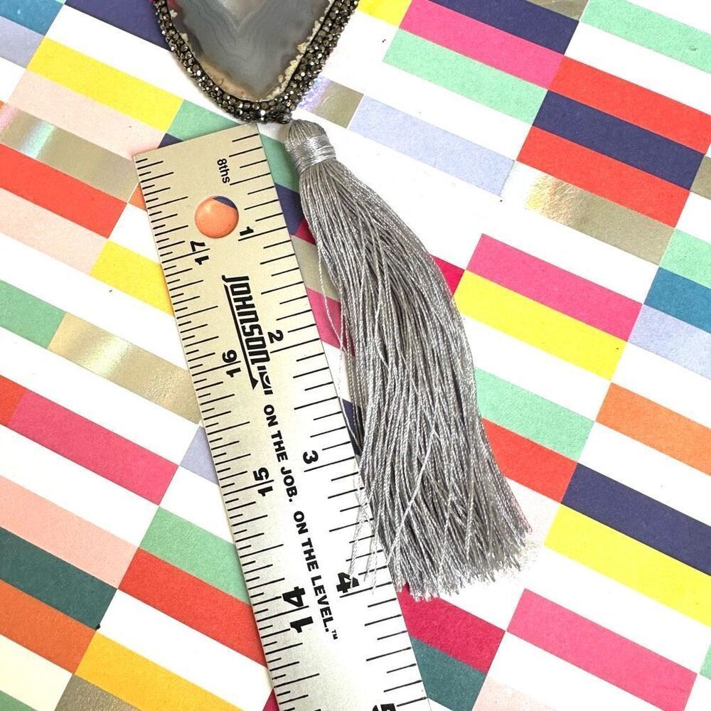 Gray Agate & Horn Beaded Tassel Necklace with Crystal Pendant - Picture 9 of 12